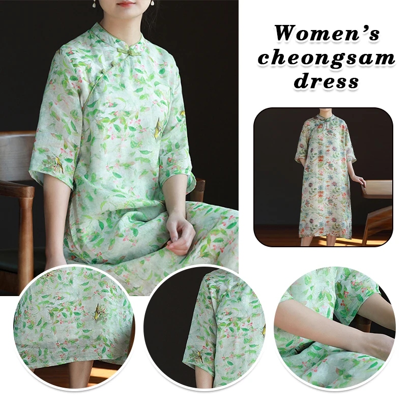 

New Chinese Traditional Costume Women Summer Improved Cheongsam Casual Literary Retro Floral Qipao Elegant Cotton Linen Dress