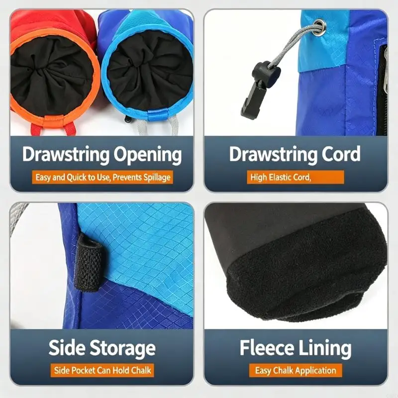 Rock Climbing Grip Chalk Bag with Cord Top, Wear Belt and Fabric Body Design for Bouldering Wall Practice and Gym Use 69HD