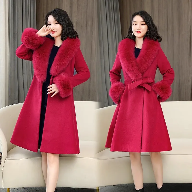 Large Woolen Collar Long Woolen Coat Women's Long Outwear 2024 Winter New Thickened Knee Style Loose Waistband Coat With Belt Tr