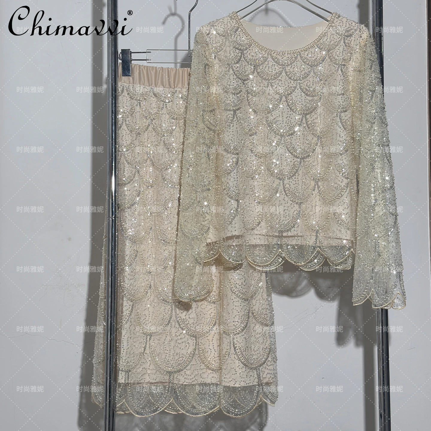

Fashion Heavy Sequin Beaded Fish Scale Loose Stage Performance Top + Skirt Two-Piece Set 2025 Summer Clothes Women's Outfit