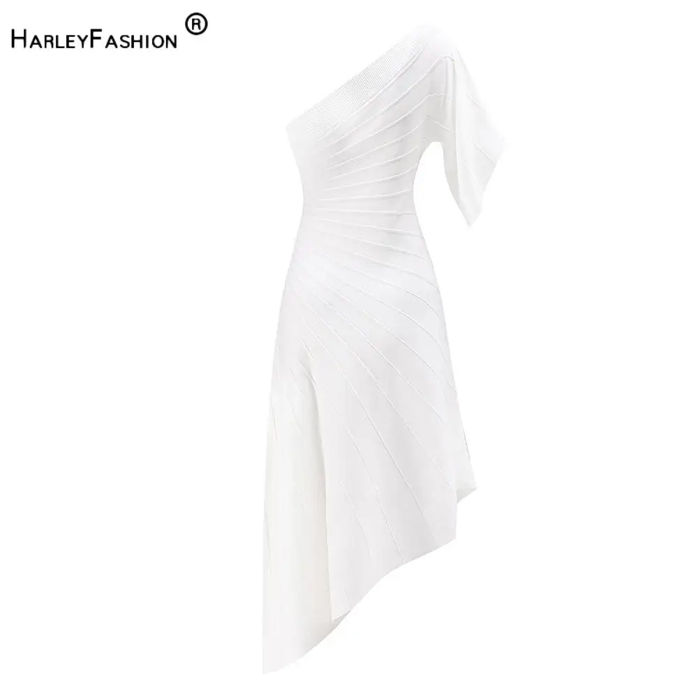 Robe mi-longue en tricot pour femmes, asymétrique épaule dénudée, manches courtes évasées, couleur unie, asymétrique, ligne a, en Stock