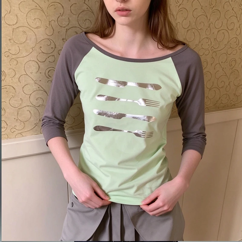 Vintage Coquette Women 3/4 Sleeve Raglan Tee Silver Foil Knife Fork Print Off Shoulder Color Block Slim Blouse