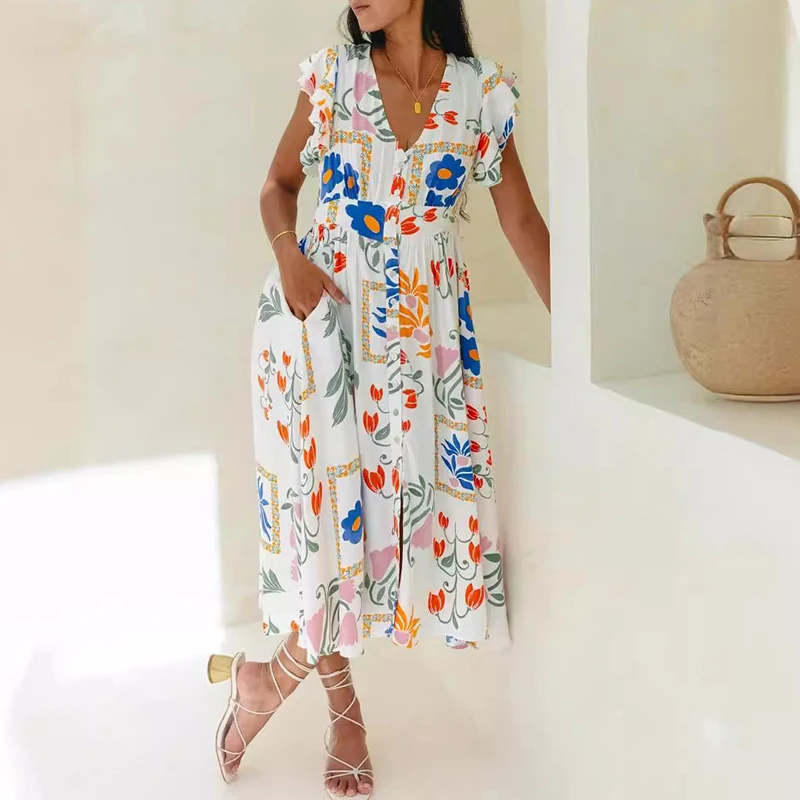 Robe bohème à imprimé floral pour femmes, col en V, simple boutonnage, manches courtes, décontracté, vacances, été, 2024