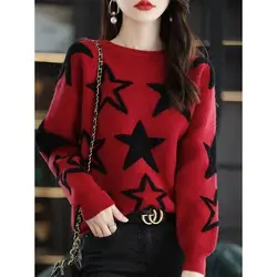 Geometric Women's Clothing Long Sleeve Round Neck Screw Thread Pullover Sweater Contrast Color Knitted Casual Autumn Winter Tops