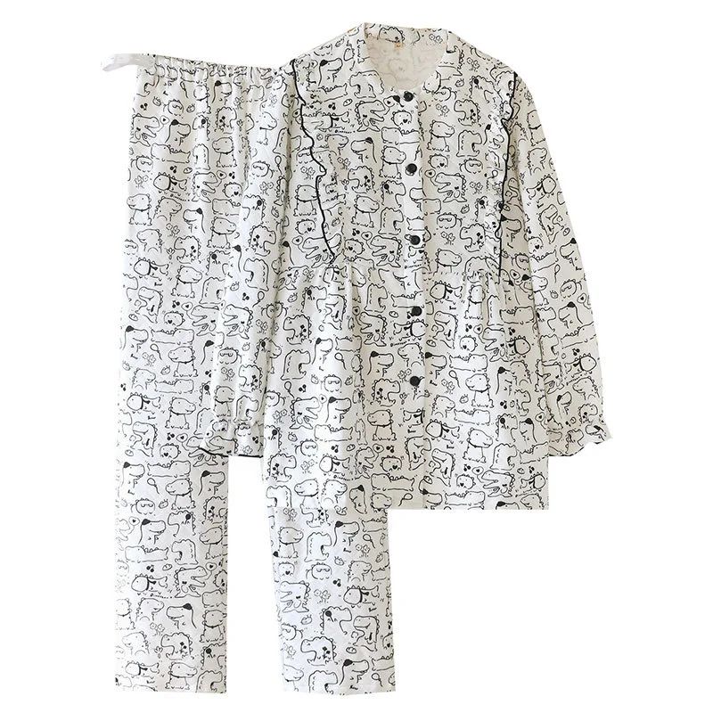 Fashion Cotton Sleepwear Pajamas Set Women Print Animal Home Wear 2Pcs Long Sleeve Soft Shirt Nightwear Daliy Casual Sleep Pjs