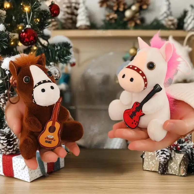 Cute Fluffy 12cm Pull Rope Wag Tail Horse Plush Toy Keychain Cartoon Soft Stuffed Doll Pendant Car Key Backpack Bag Accessories