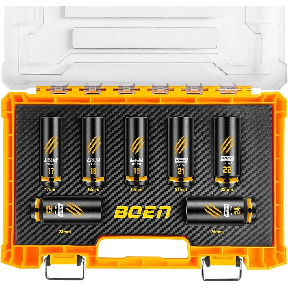 

7-Piece 1/2 Drive Impact Socket Set, Deep Metric Lug Nut Socket Set (17, 18, 19, 21, 22, 23, 24 mm), CR-MO Steel, Deep Emed and