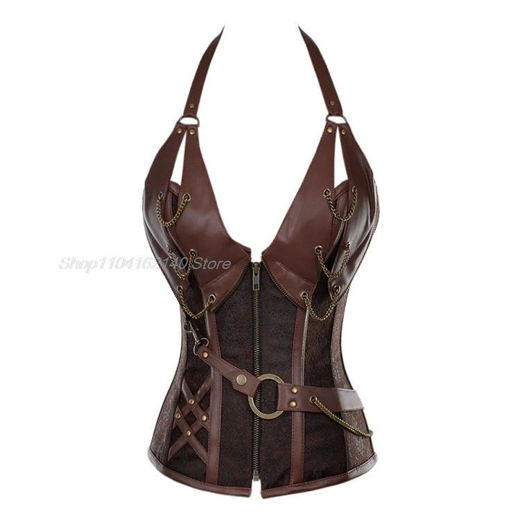 Cosplay Medieval Steampunk Viking Pirate Costume Adult Women Gothic Knight Corset Halloween Leathter Halter Vest Disfraz Hombre