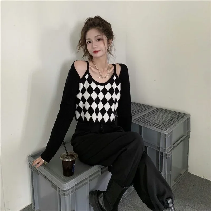 

Pullovers Women Cropped Fake Two Piece Chic Autumn Aesthetic Y2k Sweater Basic Lady Tender Knitted Retro Street BF Style Preppy