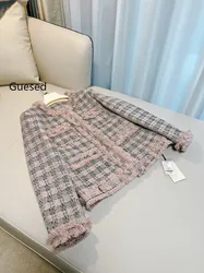 Guesed Tweed Coat French Vintage Elegant Top Quality Outerwear Plaid Tassel Short Overcoat New Arrival