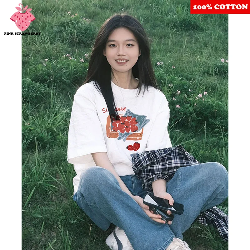 

Cute Cartoon Fruit Print T-shirt Women Summer 2025 New 100% Cotton Short sleeves Casual Loose Tee Y2k Tops Youth Female clothing