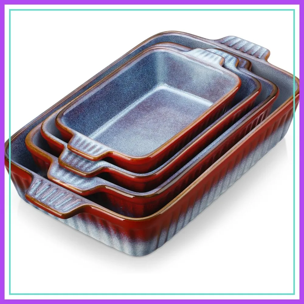 

Reactive Glaze Bakeware Set of 4, Deep Rectangular Baking Dishes with Handles, Lasagna Pan Set, Microwave & Dishwasher Safe, Gradient Red & Blue (9.4"/11.1"/12.2"/14.7")