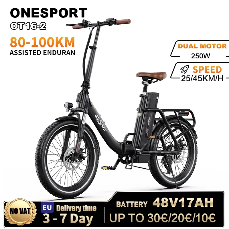 ONESPORT OT16-2 Folding Electric Bicycle 48V17AH Battery 250W Dual Motor 80-100KM Range Fat Tire Electric Bicycle
