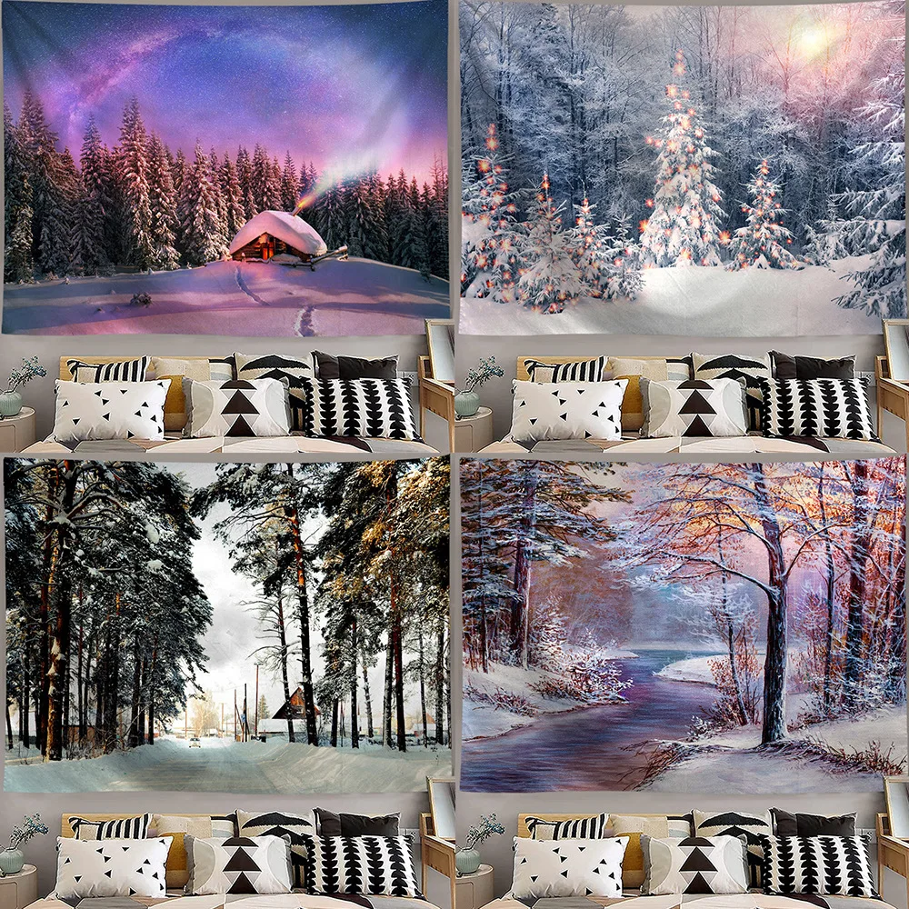 Christmas Forest Snow Scene Tapestry  Tree Wall Hanging Living Room Bedroom Dormitory  Home Decoration