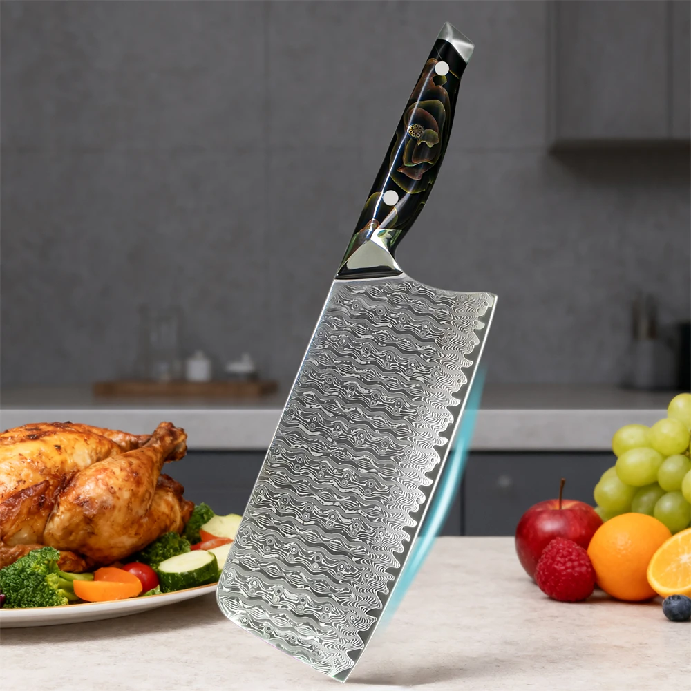 

High Quality 67 Layer Damascus Steel Cleaver Knife Kitchen Knife Sharp Slicing Meat Fruit Utility Knife Household Cooking Tools
