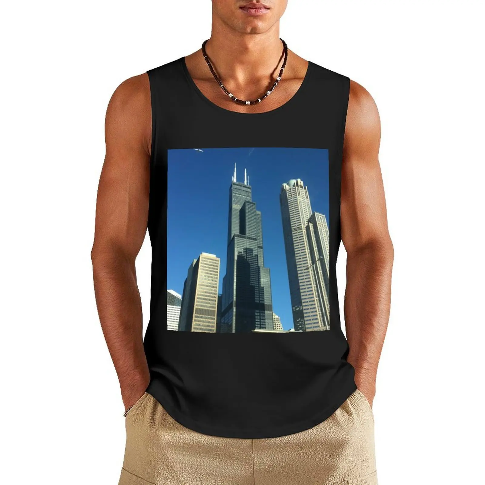

Willis Tower in Chicago - view from a taxi. Tank Top gym shirt men Sportswear for men Men's t shirt