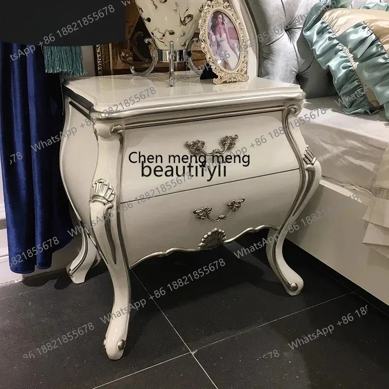 

ss8350 French solid wood bedside table double drawer European neoclassical bedroom storage corner carved cabinet