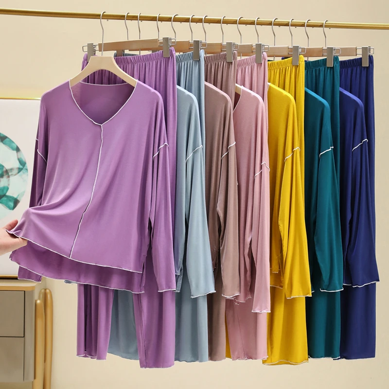 

Modal Spwear Set Women's Spring Summer Loose V-ne Casual Home Clothes Two-piece Set Large Size Thin Cotton Pajamas