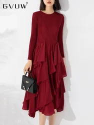 GVUW Pleated Patchwork Dress Women Spliced Ruffles A Line Full Sleeve Elegant New Autumn 2024 Fashion Evening Party 17G3115