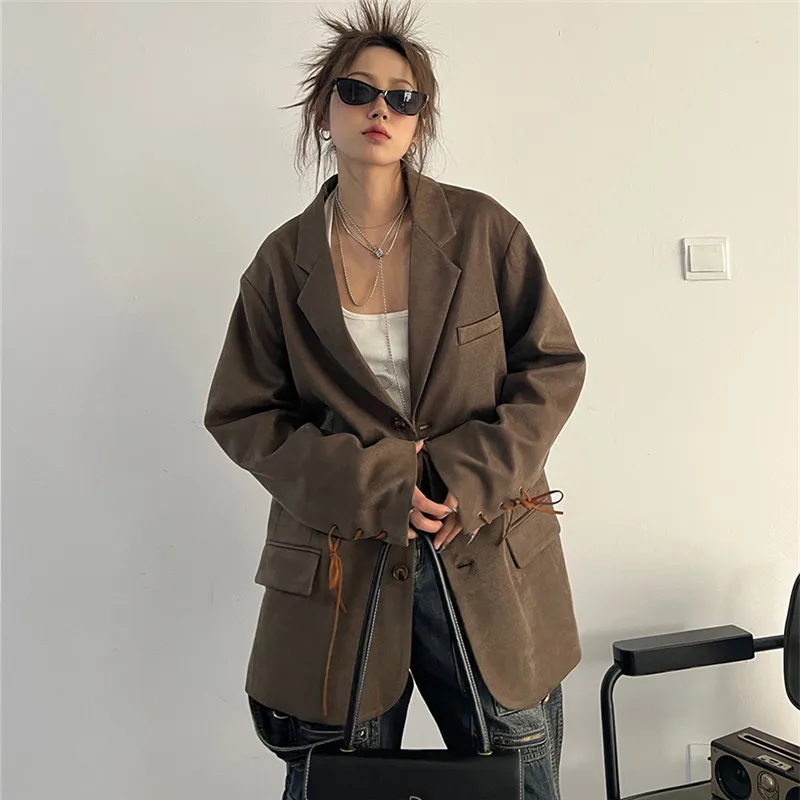 Coffee Color Faux Suede Jacket Casual Loose Spring Women Notched Collar Double-breasted Long Sleeve Female Blazers Streetwear