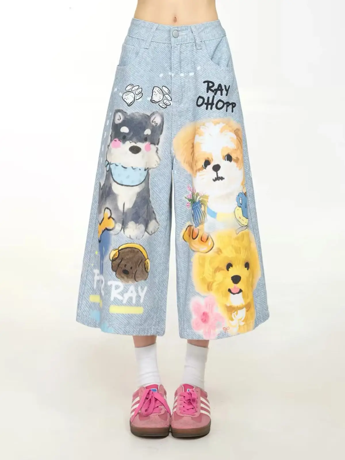 Y2K American Dog Print Blue Denim Cropped Pants Loose Wide Leg Summer Street Mid Shorts for Women
