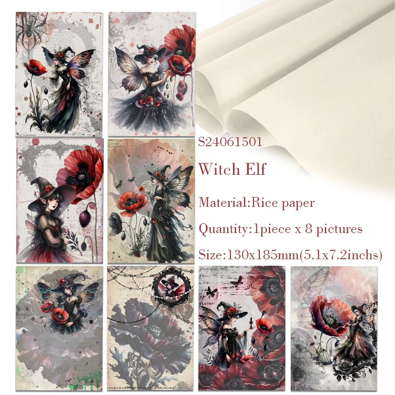 Rice Paper Original Design WuleeGifts Witch Elf Retro Scrapbooking Decoration Vintage Junk Journal S24061501 8PS Craft Papers