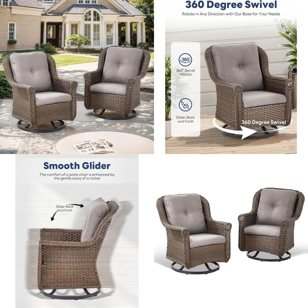 High Back Swivel Rocker Chairs Set of 2 for Outdoor Patio, Deck, Porch, Lawn, and Garden - Brown/Grey