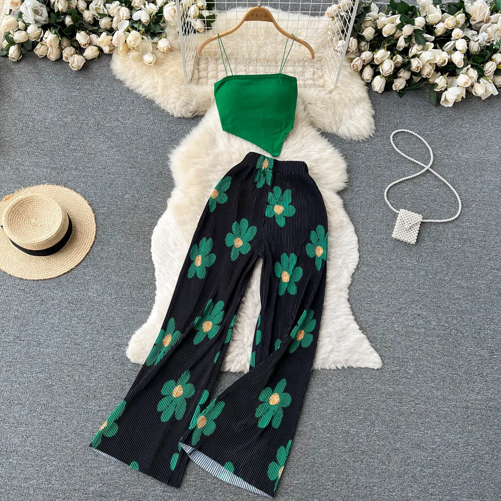 Conjunto de 2 piezas para mujer, Top corto con tirantes finos y pantalón, elegante, Floral, informal, para vacaciones en la playa