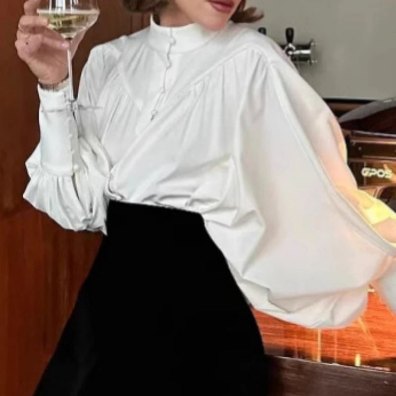 Stand Neck Women Lantern Sleeve White Blouses 2025 Blusas Mujer De Moda Vintage Loose Pleated Blouse Korean Single Breasted Tops