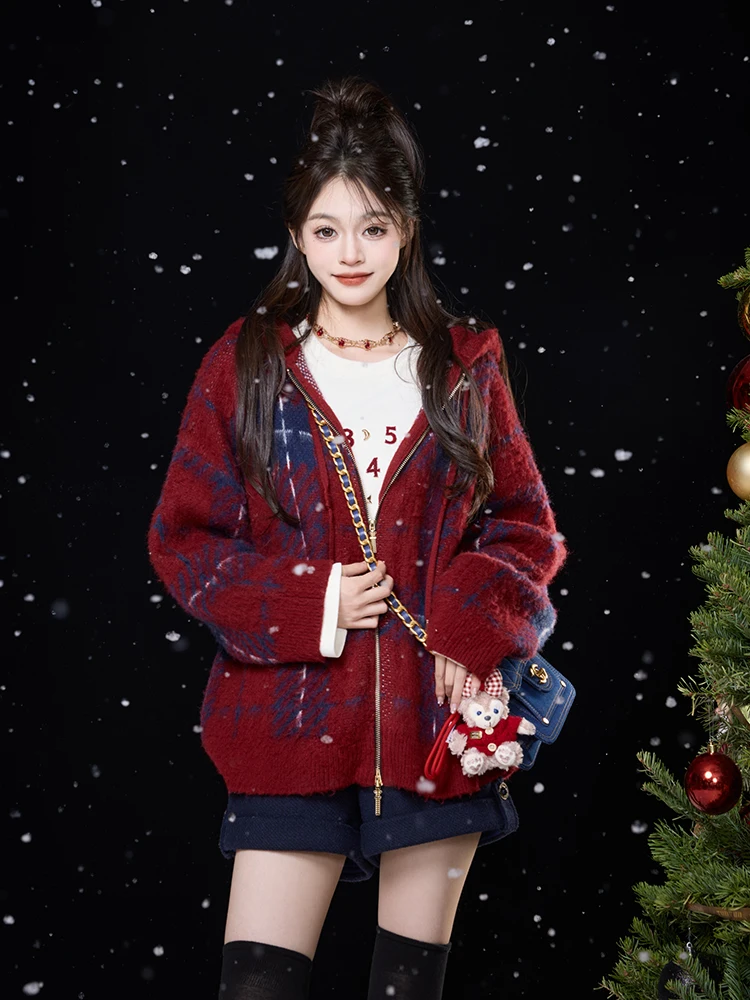 

TUNT Autumn Winter Plaid Color Blo Hoodie Cardigan Ladies Soft Korean Sle Commute Faion Cisas Gift Box