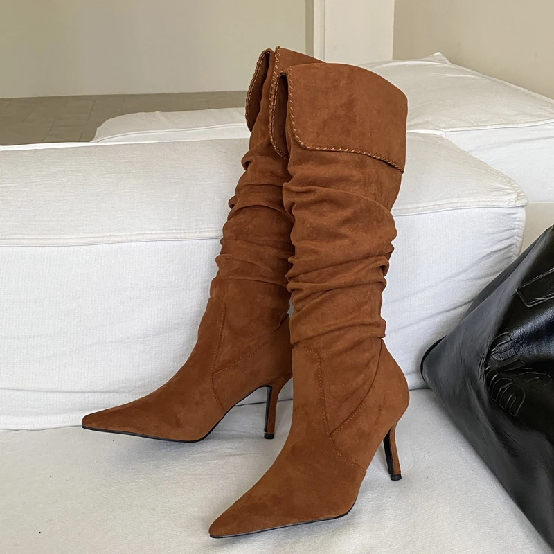 

Eilyken Winter Pleated Turned-over Egdes Women Knee-High Boots Sexy Thin High Heels Pointed Toe Banquet Prom Shoes