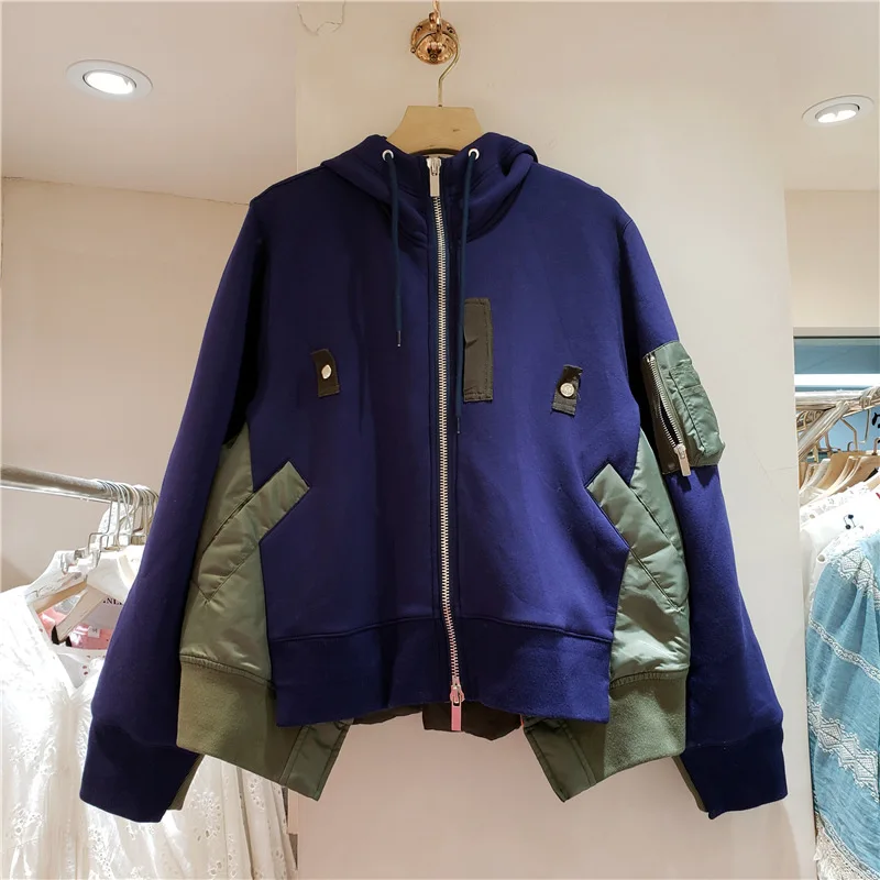 2023 autumn and winter new loose spliced thickened coat women\'s casual color zipper hooded