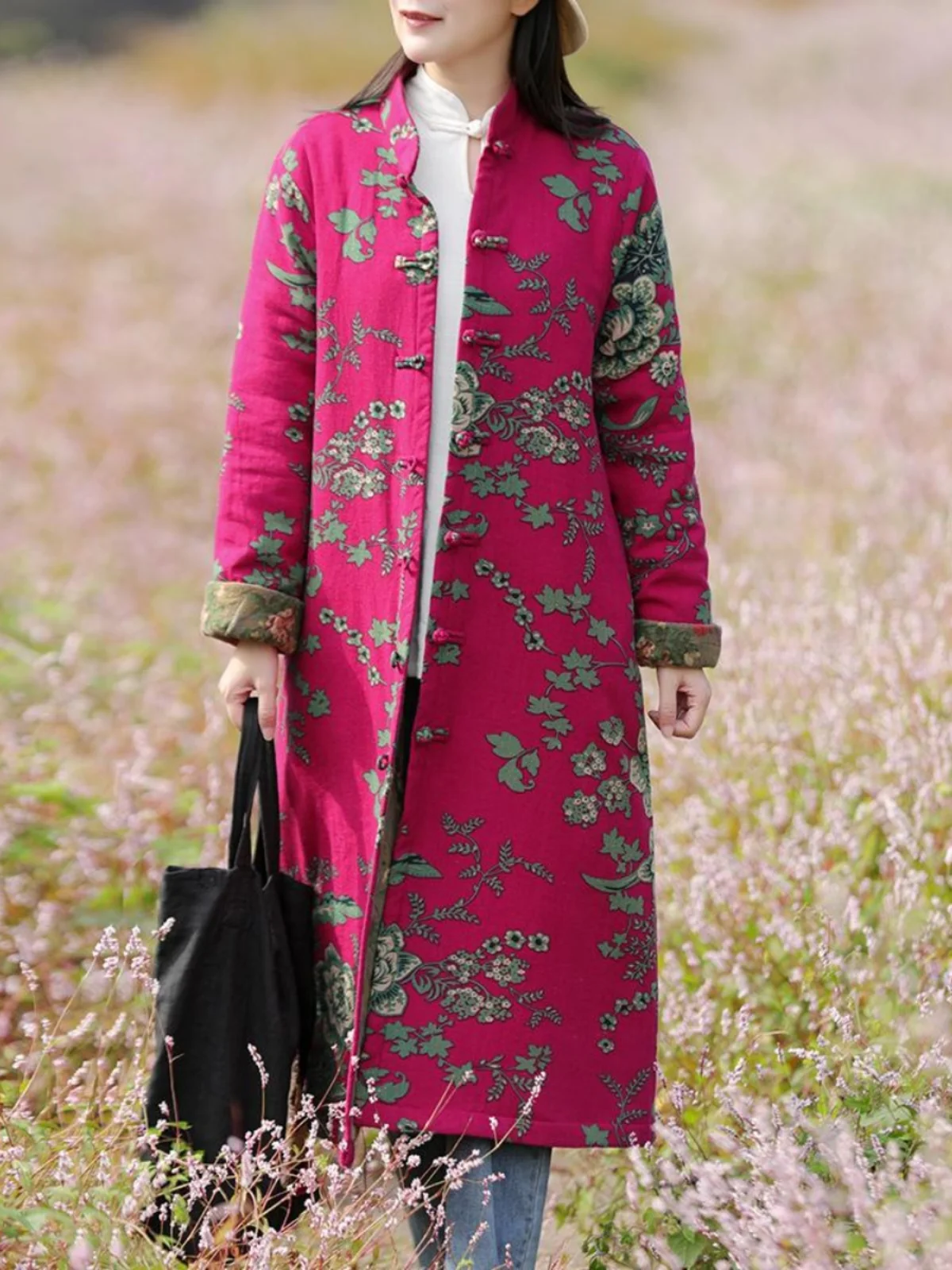 

TIYIHAILEY Women Full Sleeve Long Mid-Calf Thick Outerwear Stand Collar Single Button Jacket Warm Coats Chinese Style Printed