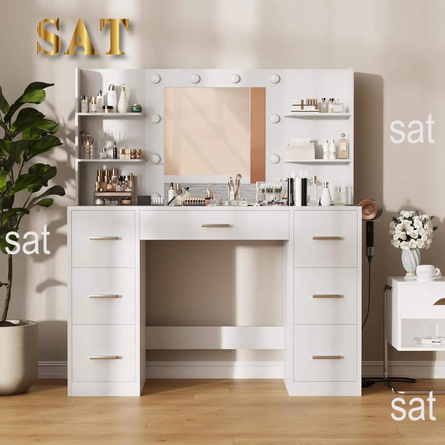 LK-Modern Bedroom Wood Makeup Vanity with LED Light Power Socket and 7 Drawers Elegant Dressing Table with Mirror#
