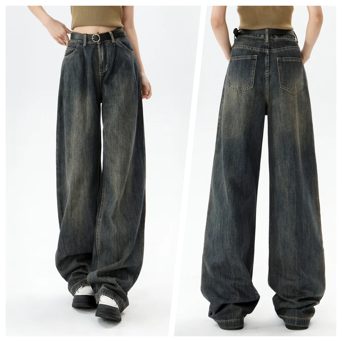 

Ladies' fashionable casual denim wide leg pants with high waist loose fit slimming and pleated design straight leg pants