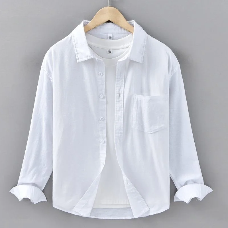 

Мужская повседневная льняная рубашка с длинным рукавом и воротником, модная верхняя одежда для защиты от солнца на весну-осень, молодежная городская стильная рубашка