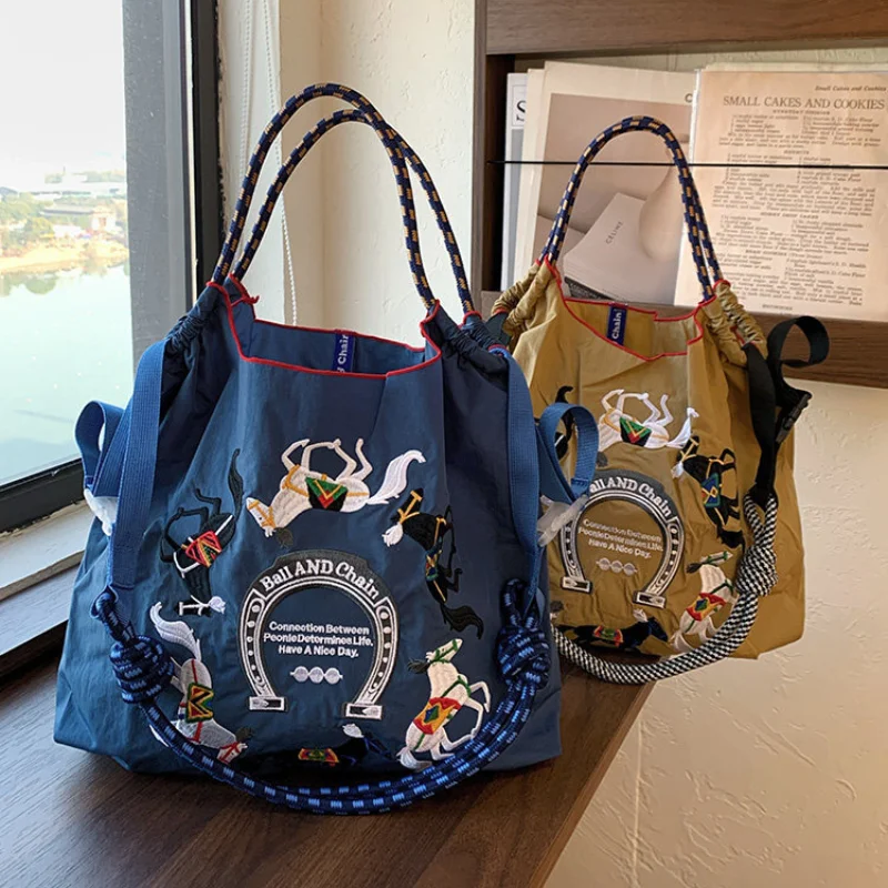 Wanli Horse Embroidery Shopping Bag Japanese Style Large Capacity Crossbody Tote Nylon Bag Commuter Women's Bag Fashionable