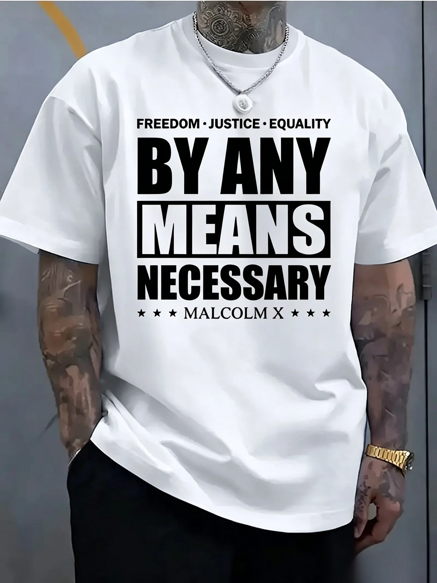 Men's Plus-Size Round-Neck Short-Sleeve T-Shirt with Freedom, Justice, Equality , Classic Quotes, Casual Summer Wear, Outdoor Social Statement Apparel