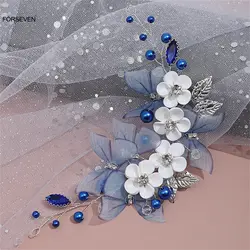 Blue Butterfly Headbands for Bride Wedding White Flower Hairbands Pearl Headpieces Rhinestone Hairpins Hair Jewelry Ornaments