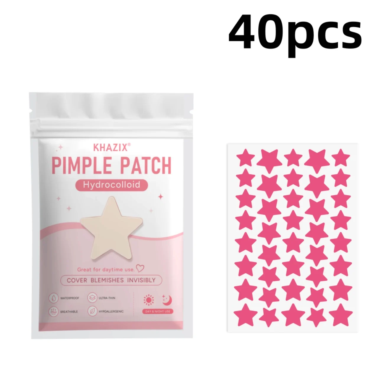 40 peças de adesivos de acne em forma de estrela, adesivos corretivos faciais em gel à base de água, adesivos rosa fofos em forma de estrela, leve e
