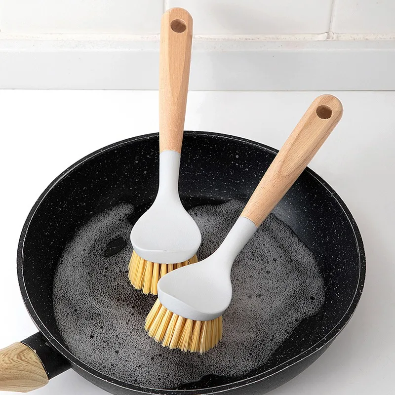 Multi Functional Long Handled Kitchen Cleaning Pot Brush with Wooden Handle, Non Greasy Pot Brush, Dish and Bowl Brush