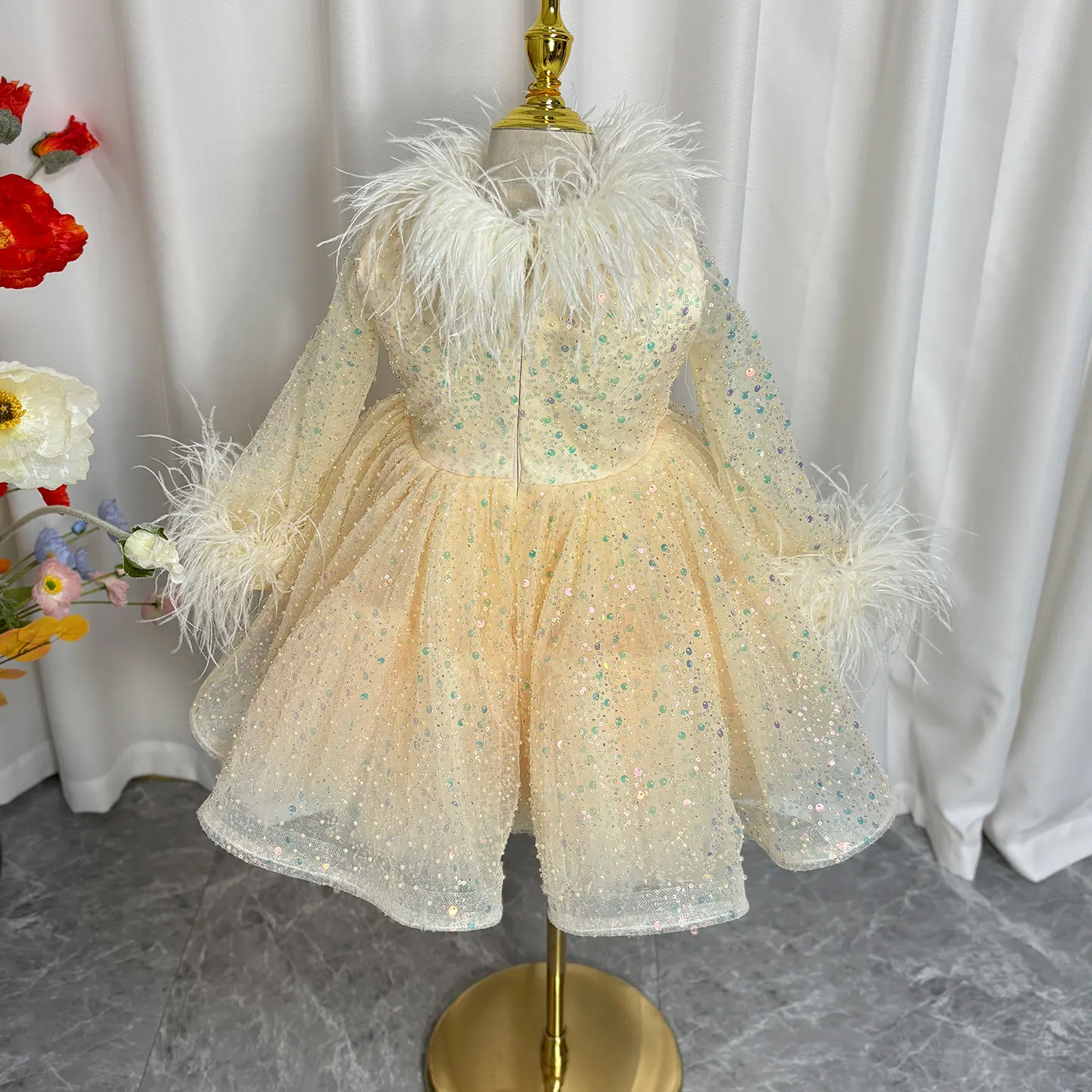 Jill Wish-Robe de demoiselle d'honneur élégante, couleur champagne, plume à nœud, paillettes, robe de Rh, vacances, anniversaire, J320