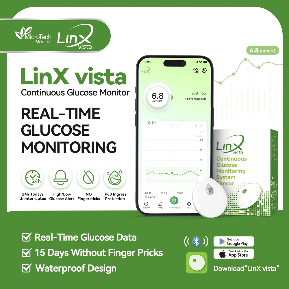 Kit Completo de Monitoramento Contínuo de Glicose MicroTech LinX Vista para 15 Dias, 1 Sensor + 1 Transmissor