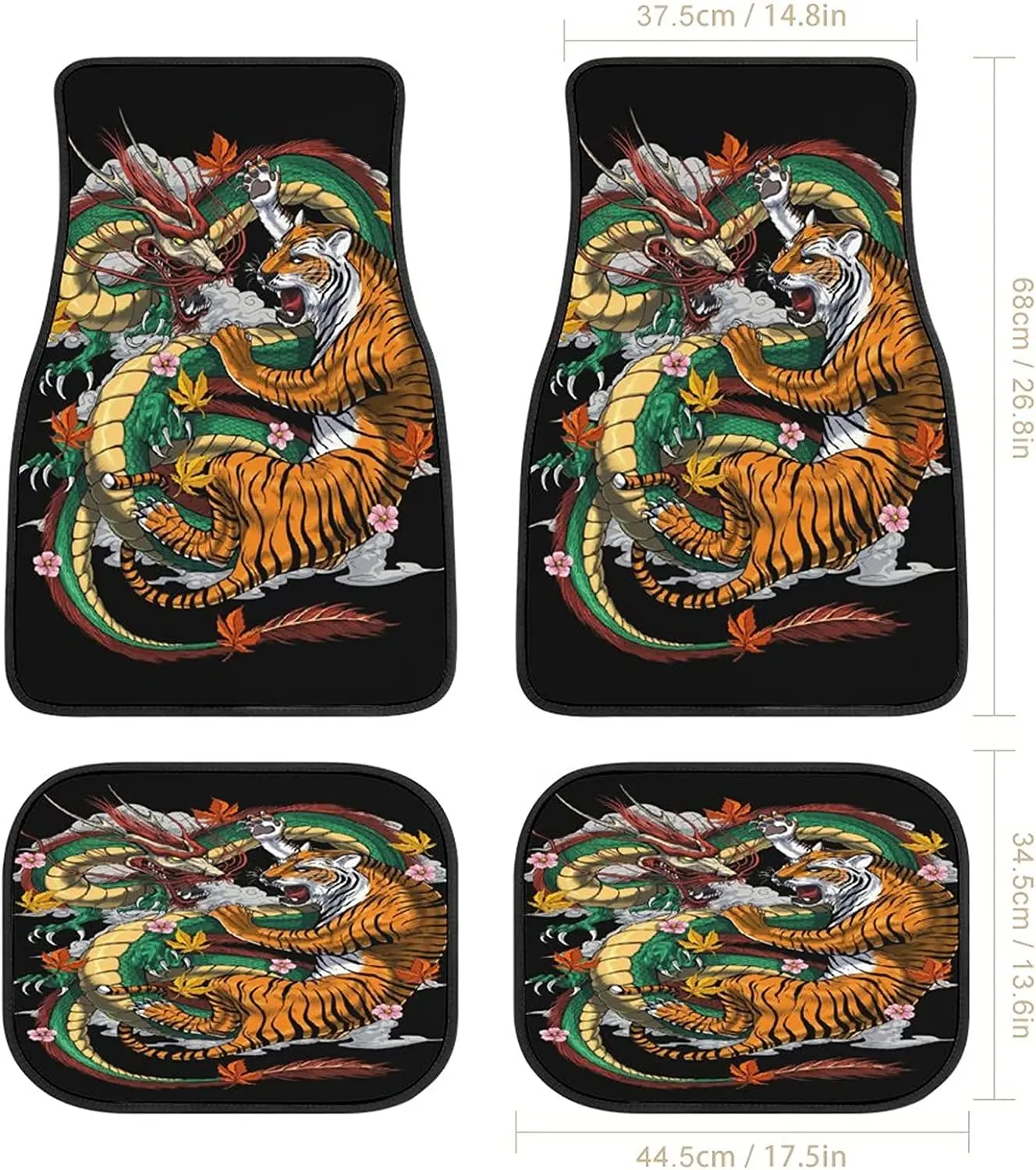 Dragon Tiger Japanese Car Mats Front&Rear 4-Piece Full Set Carpet Car SUV Truck Floor Mats with Non Slip Back