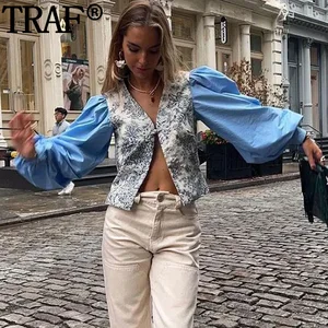 TRAF Vintage Patchwork Crop Top Women Spring Long Sleeve Blouses Streetwear Button Up Cropped Shirt Woman V Neck Elegant Blouses