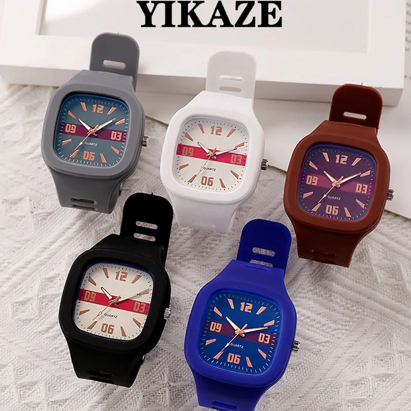 Водонепроницаемые спортивные мужские и женские часы YIKAZE, кварцевые часы в стиле Geneva с большим квадратным силиконовым ремешком, наручные часы для детей, студентов и детей