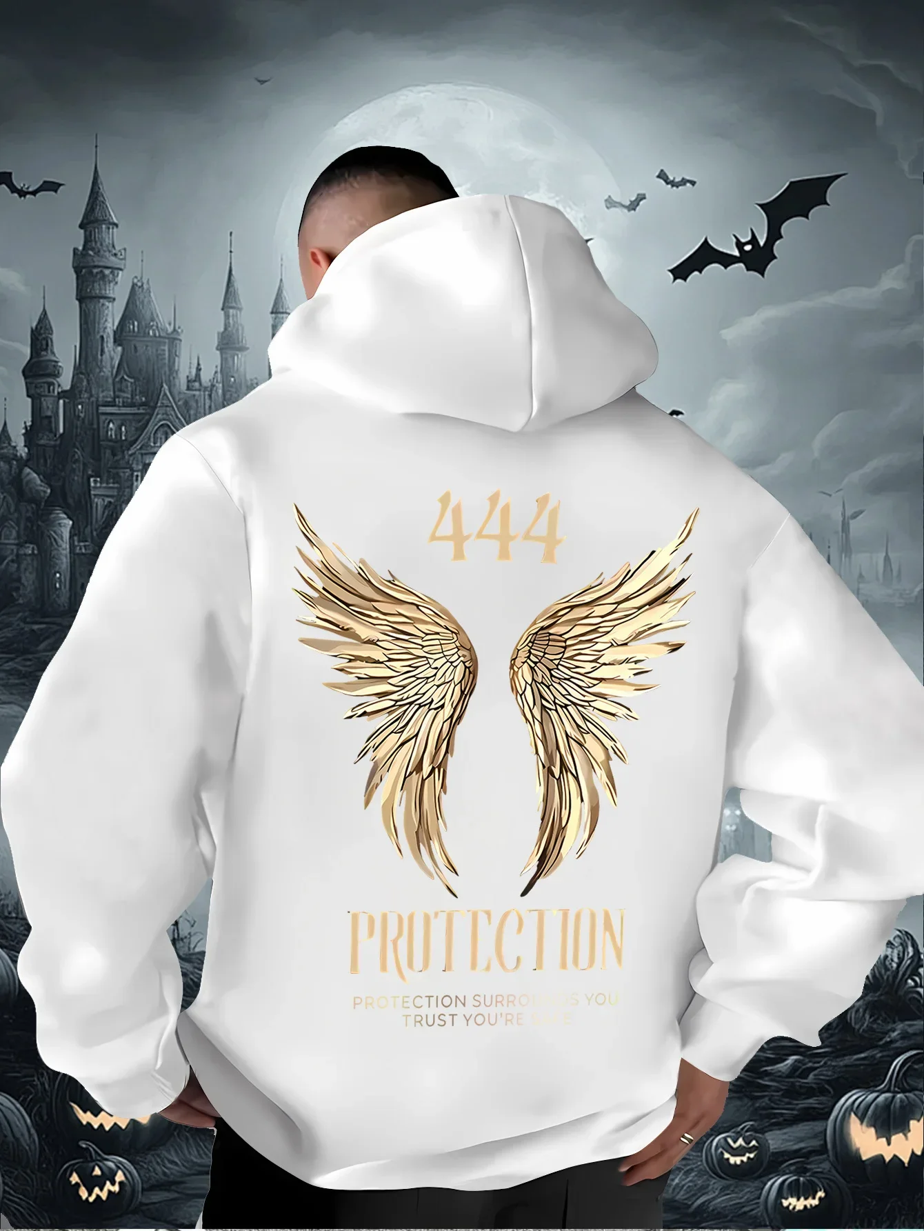 Trending 444 Protection Golden Angel Wings Graphic Hoodie Men Women Spiritual Back Print Loose Sweatshirt