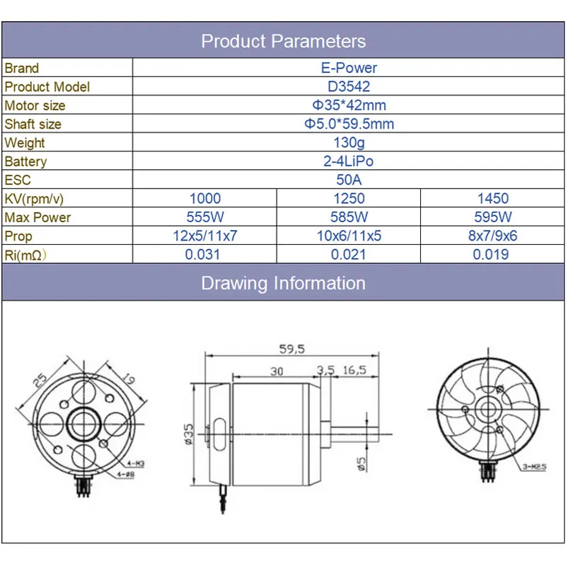 E-POWER D3542 Waterproof Brushless Motor 1000KV 1250KV 1450KV for RC Helicopters Fixed Wing Drones - Toy Grade Parts