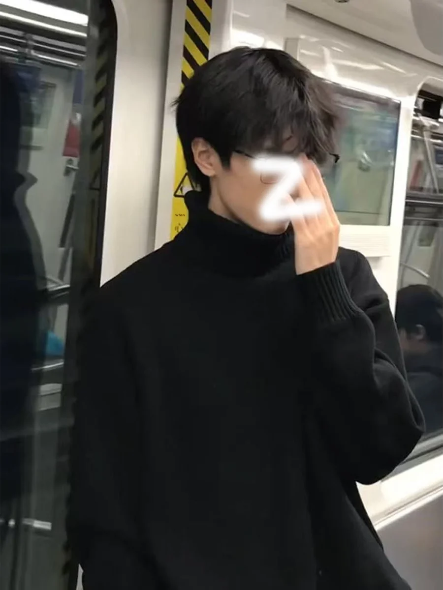 

Мужской утепленный свитер с высоким воротником в американском стиле, свободный крой, вязаный топ, черный, ретро, для осени и зимы, теплый базовый слой