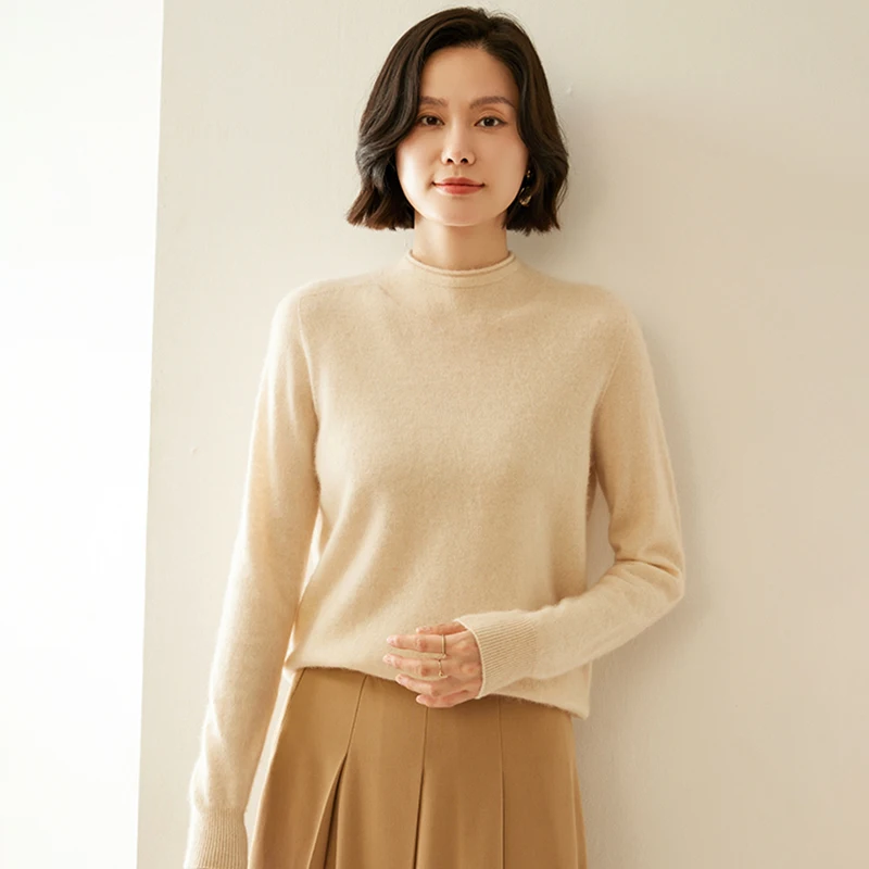 Autunno Inverno Nuove donne lavorate a maglia maglione di cashmere 100% colore puro collo mezzo alto camicia con fondo allentato pullover casual con bordo arrotolato